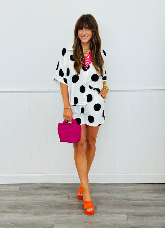 White/Black Big Dots Shirt & Shorts Set (Reg & Plus)