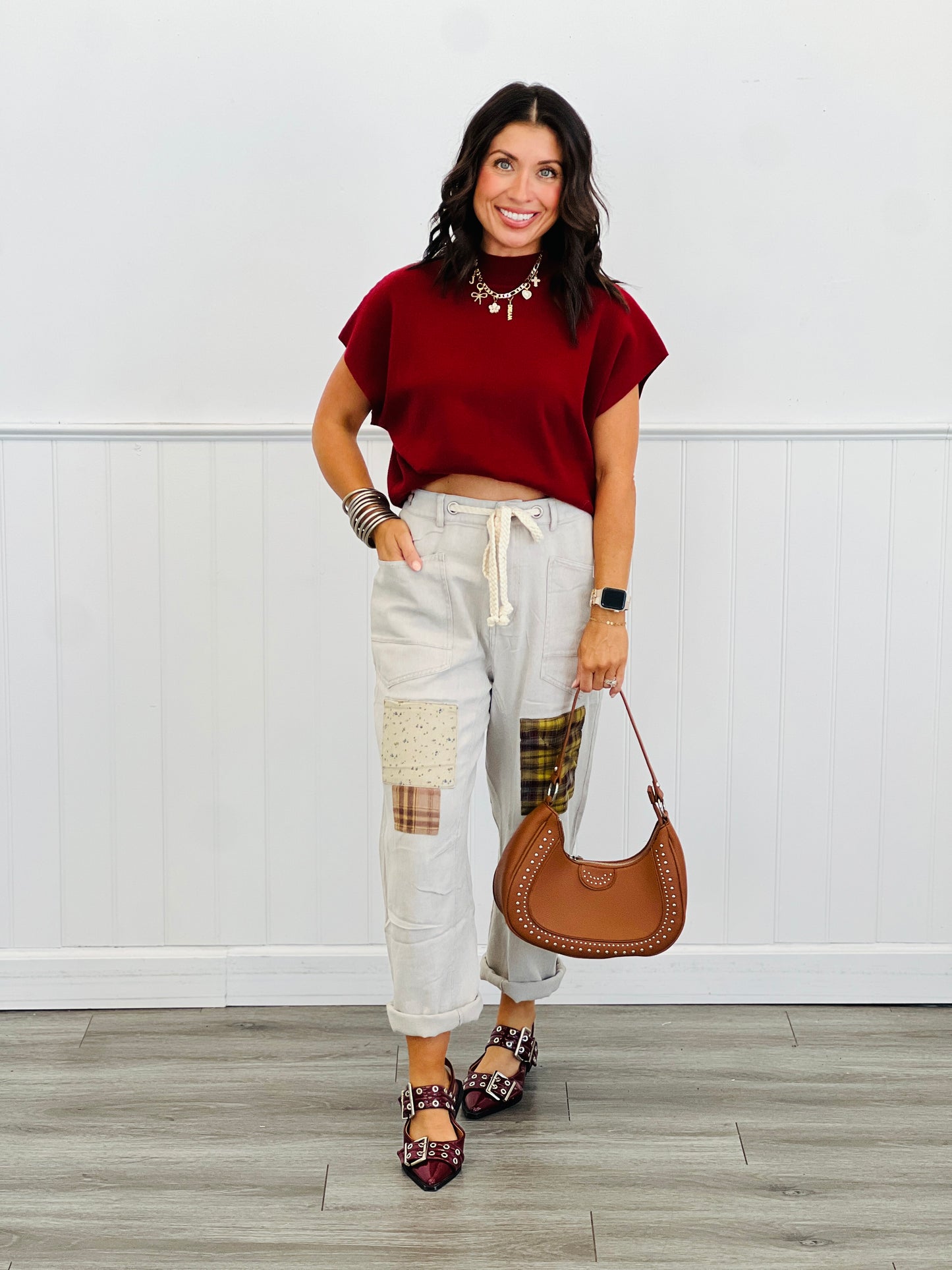 Merlot Mock Neck Knit Short Sleeve Top (Reg & Plus)