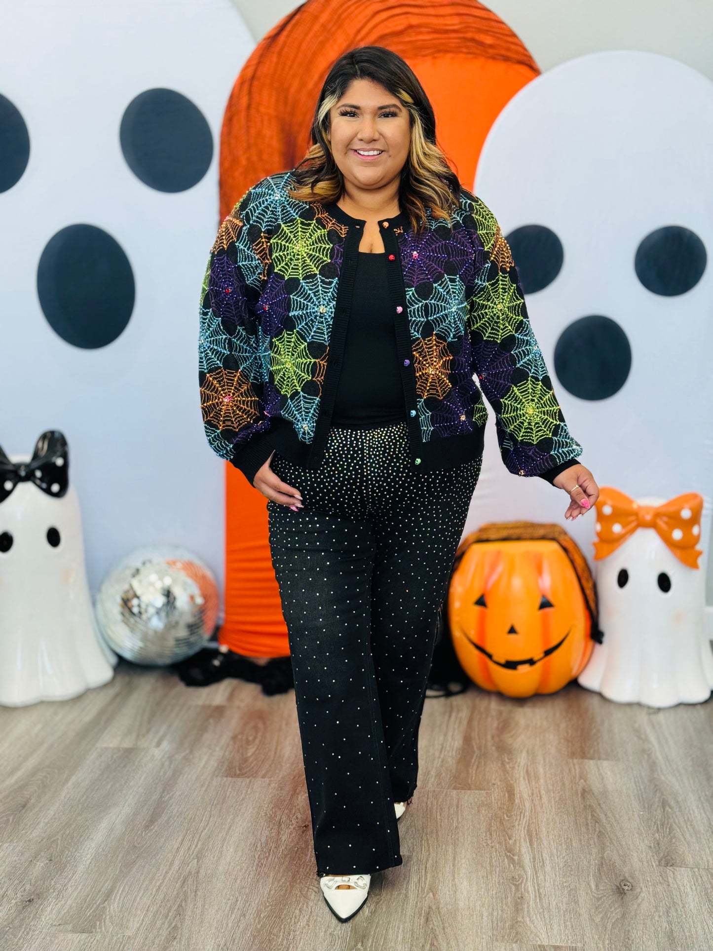 Queen Of Sparkles Black Multi Spiderweb Button Up Sweater (Reg. and Plus)