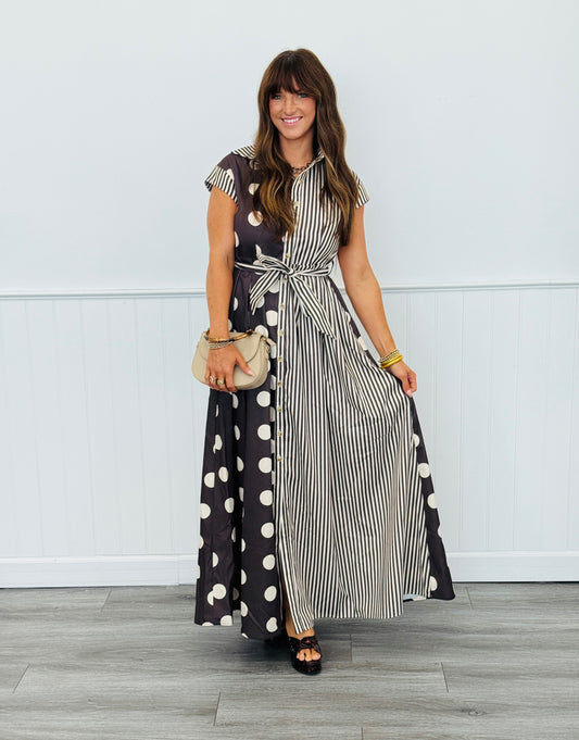 Brown Contrast Dot Stripe Shirt Dress (Reg. and Plus)