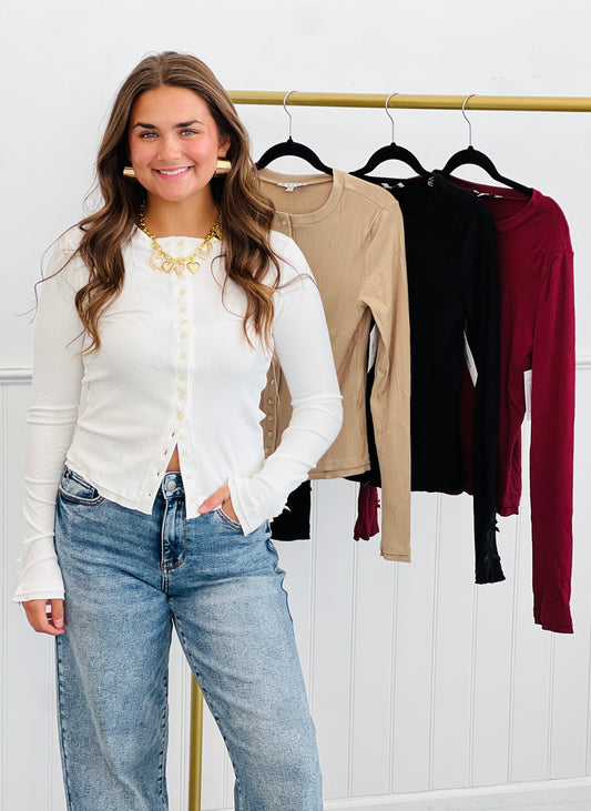 Ribbed Ruffle Hem Sweater Cardi Top (Reg.)-4 Colors