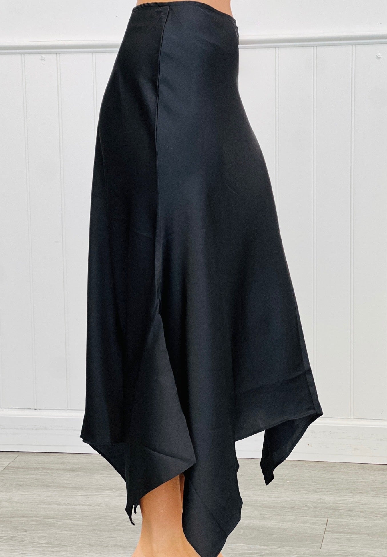 Black Asymmetrical Satin Midi Skirt (Reg.)