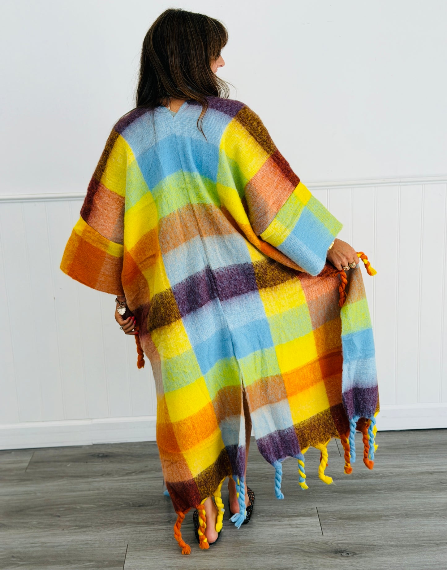 Multi Gold Print Squares Tassel Fringe Maxi Cardigan (OS)