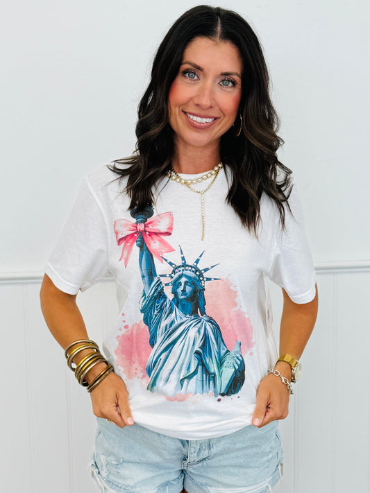 Statue Of Liberty Bow Rhinestone Graphic Tee (Reg. and Plus)