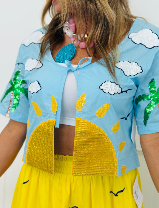 Queen Of Sparkles Aqua Sun, Cloud & Tree Tie Top (Reg. and Plus)