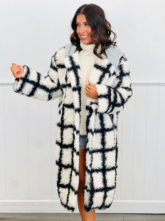 Ivory/Black Plaid Longline Hoodie Coat (Reg.)