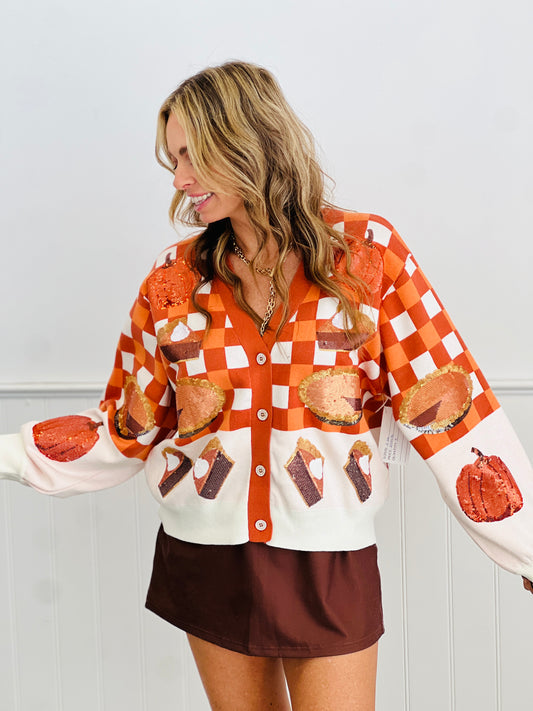 Queen Of Sparkles Orange & White Checkered Pumpkin Pie Cardigan (Reg. & Plus)