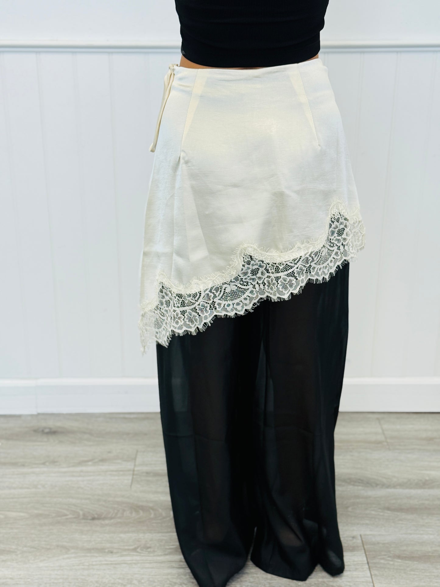 Satin Lace Trim Skirt Layered Over Sheer Pants (Reg.)