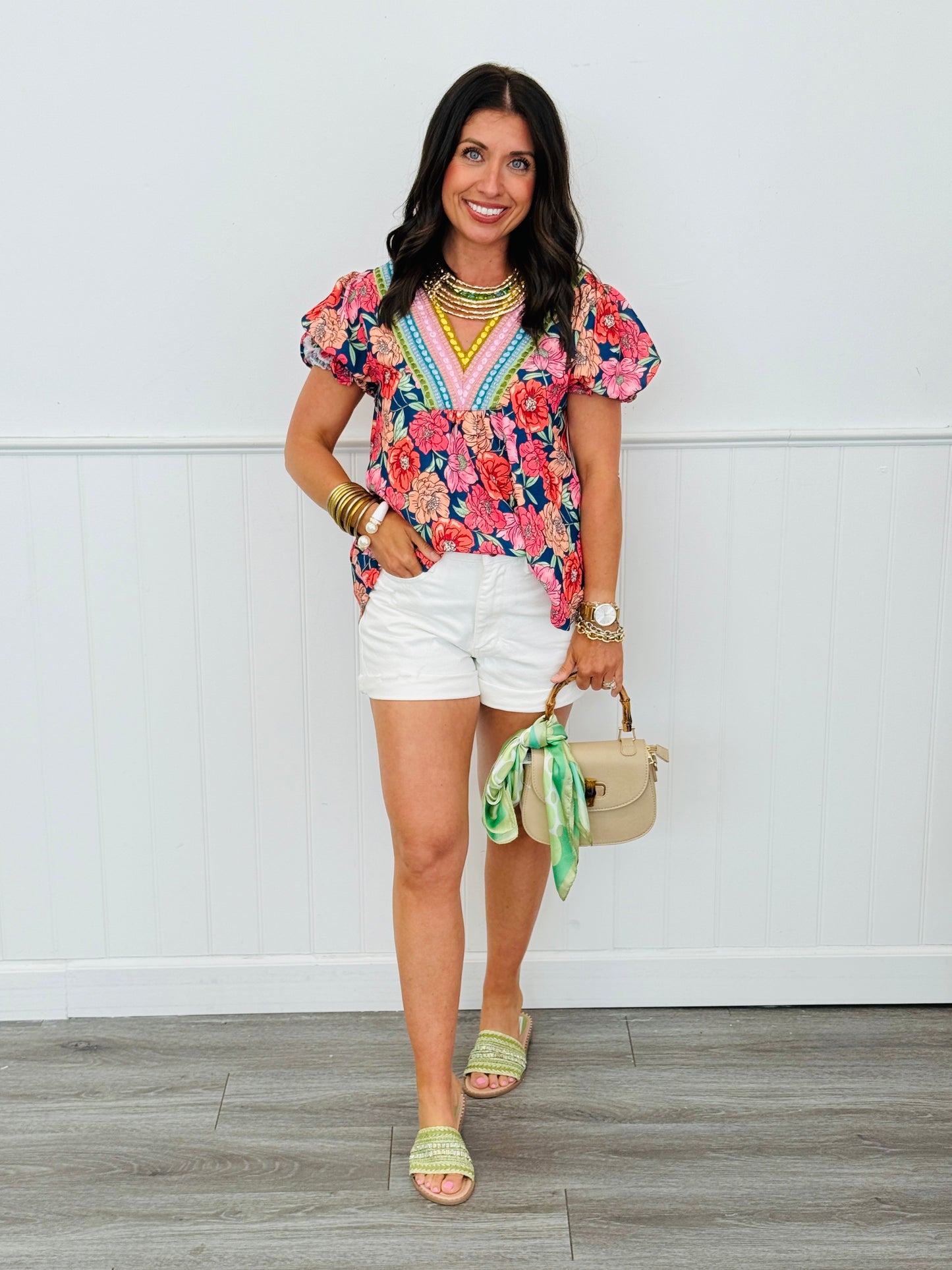 Navy/Peach Floral Puff Sleeve Blouse (Reg. and Plus)