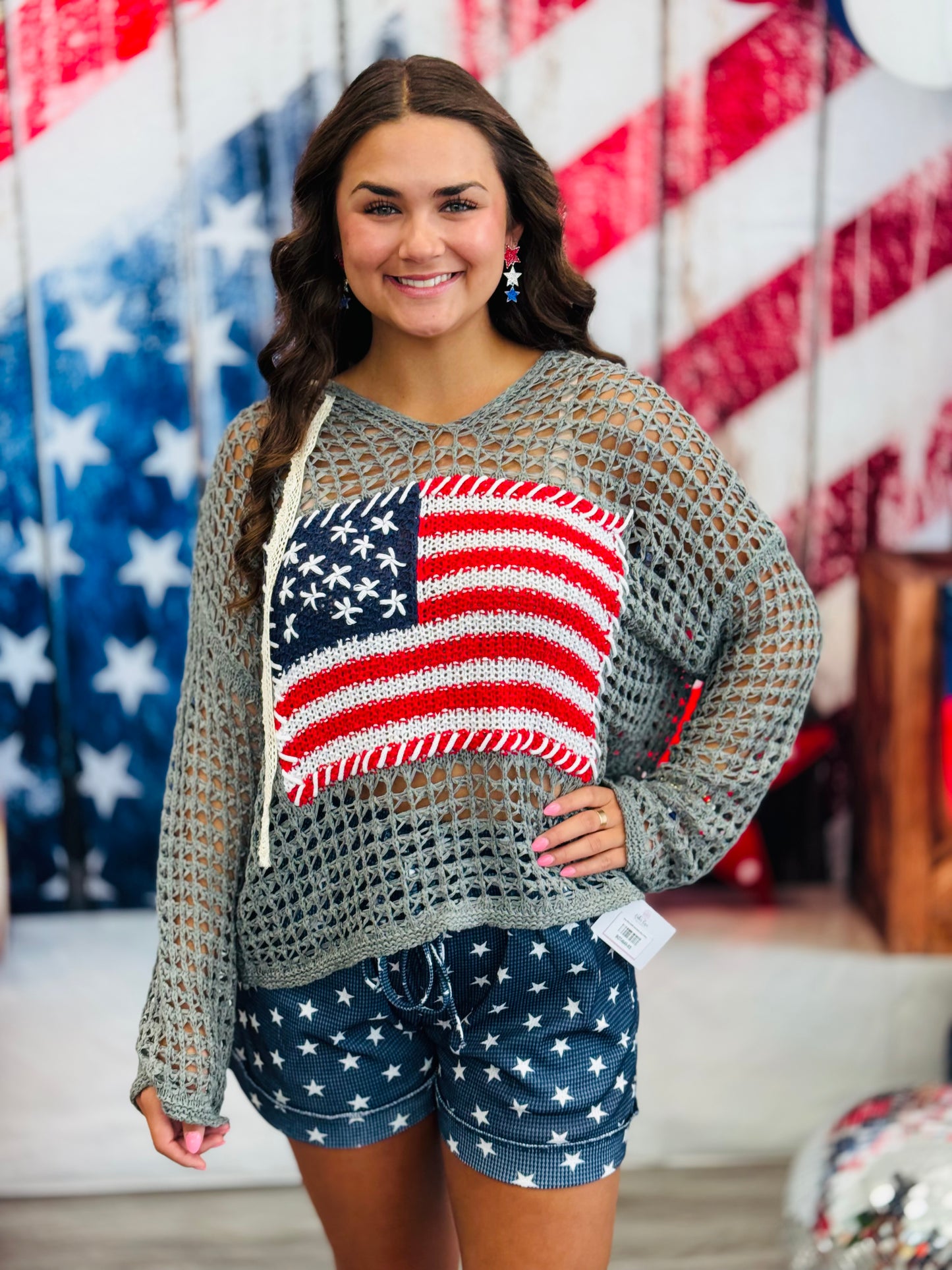 USA Flag Crochet Hoodie Top (Reg.)- 2 Colors