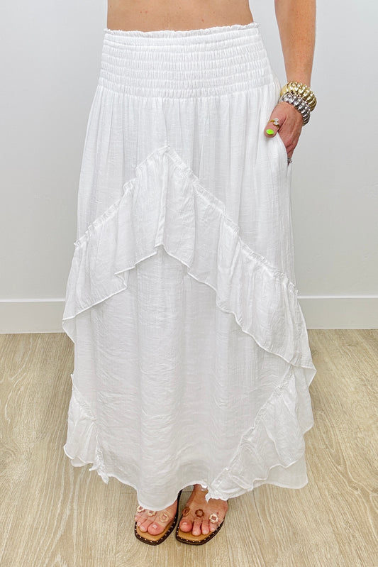 Ivory Layered Asymmetric Ruffle Maxi Skirt (Reg & Plus)