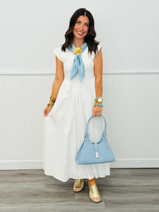 White Drop Waist Shirred Midi Dress (Reg.)