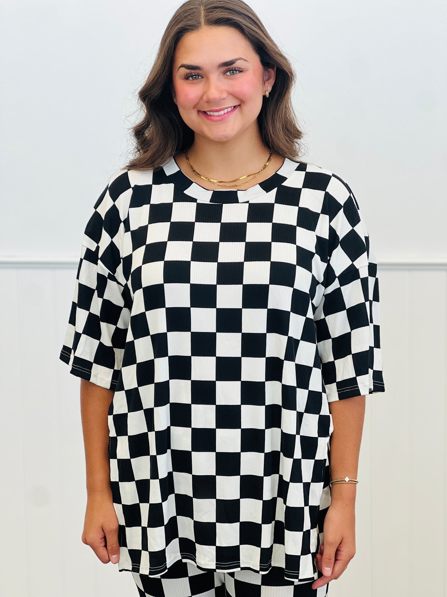 Checkered Print Top and Pants Set (Reg. and Plus)