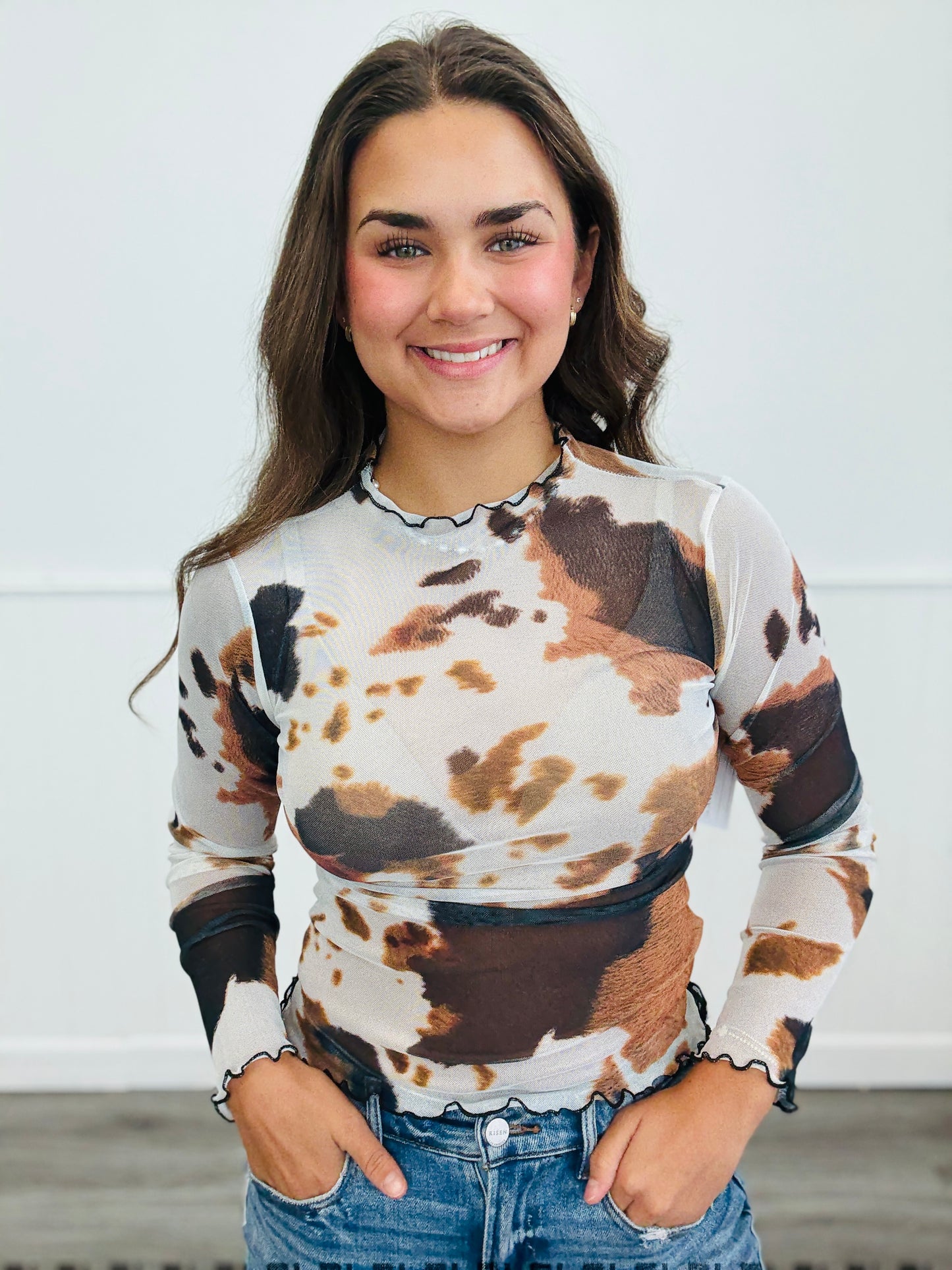 Black/Brown/White Cow Print Mesh Top (Reg.)