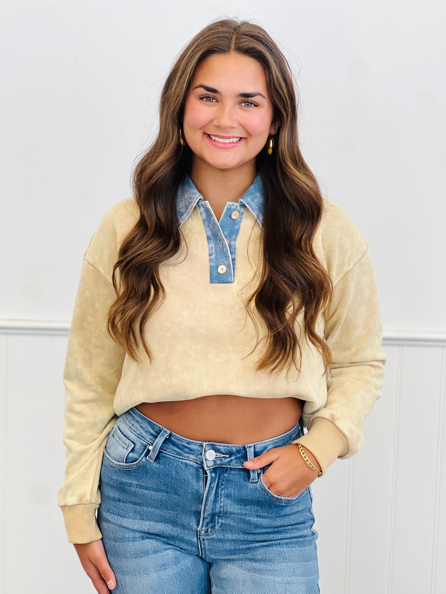 Denim Washed Collar Polo Top (Reg.) - 2 Colors