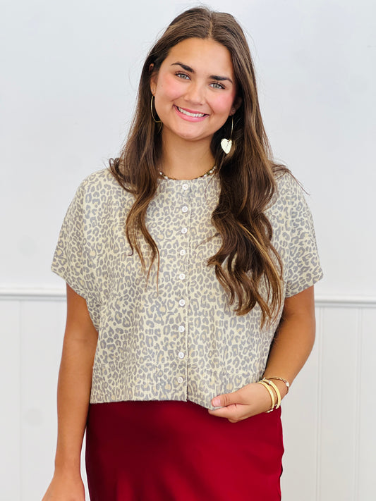 Vintage Leopard Button Down Sweater Top (Reg.)