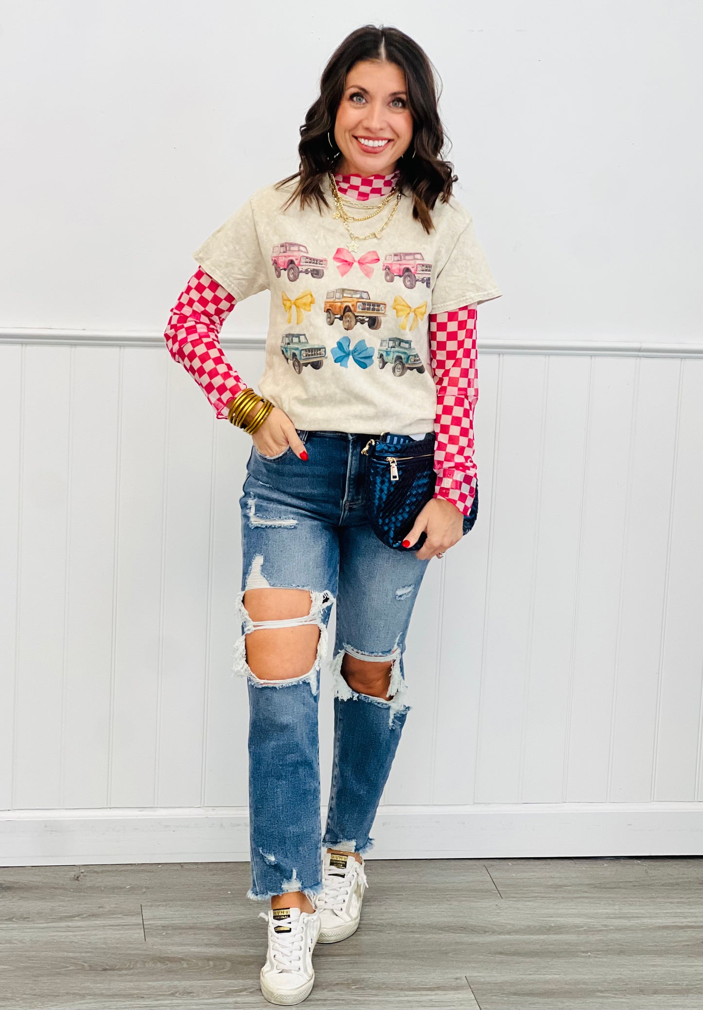 Checkered Mock Neck Mesh Top (Reg & Plus)-3 Colors