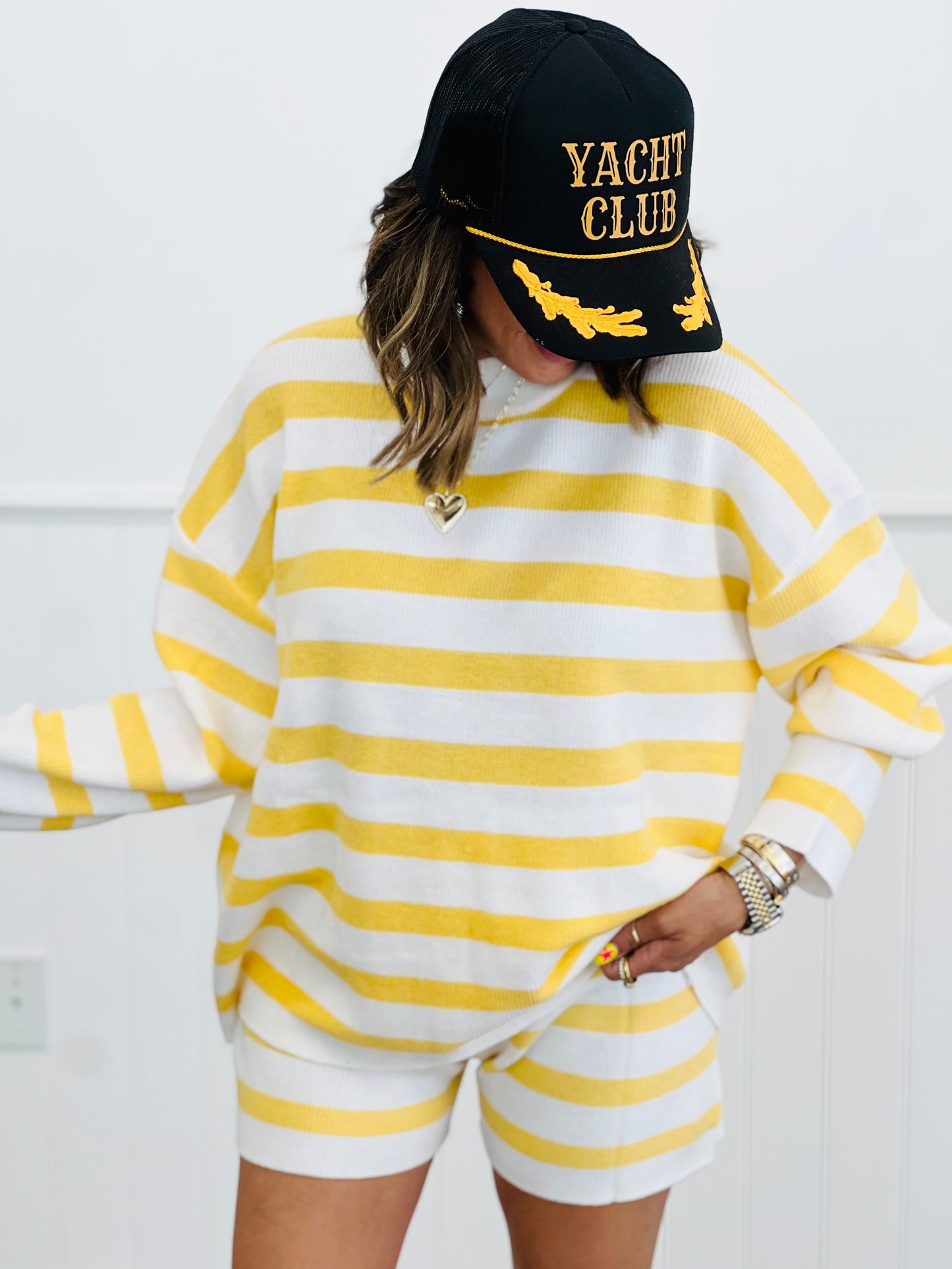 Off White/Yellow Striped Long Sleeves & Shorts Set (Reg.)