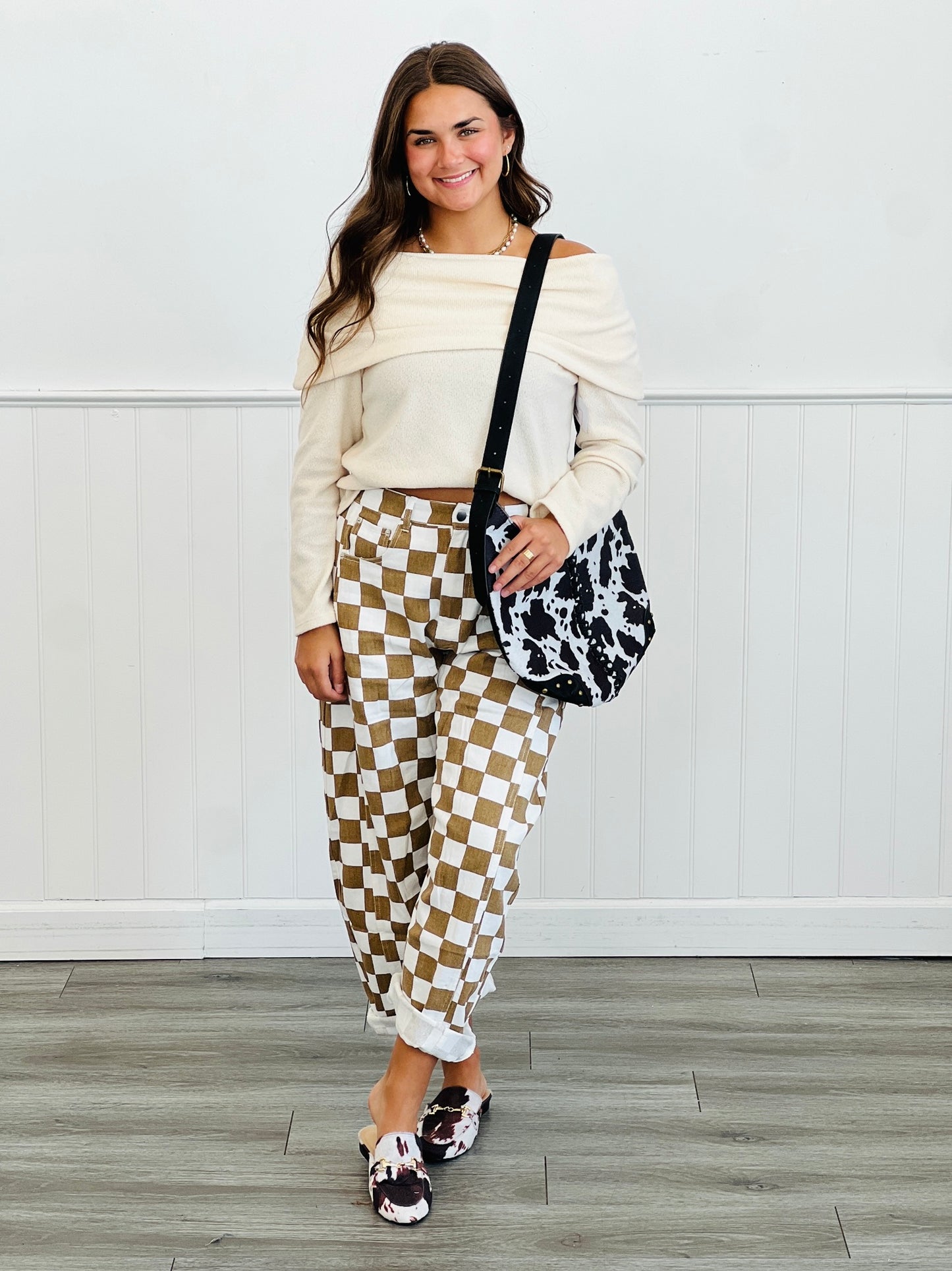 Mocha Checkered Print Denim Barrel Pants (Reg & Plus)