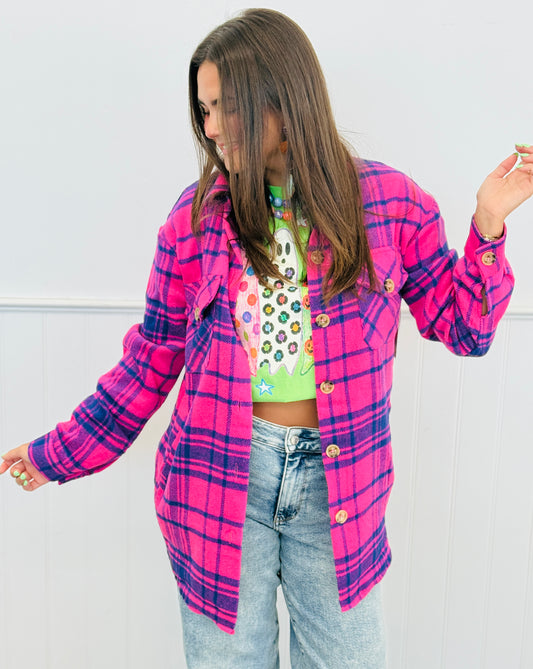 Fuchsia/Navy Plaid Button Down Shacket (Reg.)