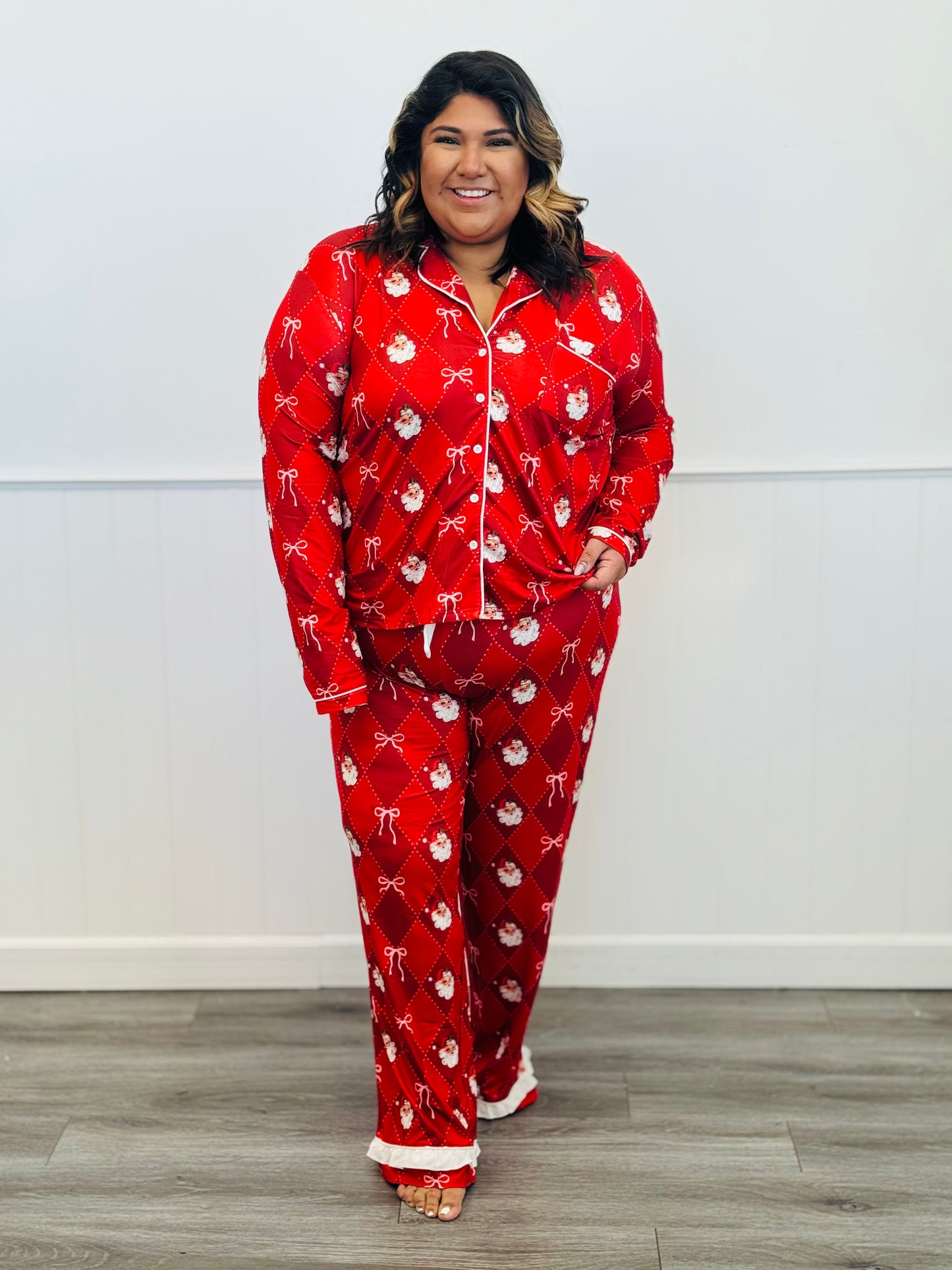 Santa's Signature Bow Ruffle Pajama Set (Reg. and Plus)