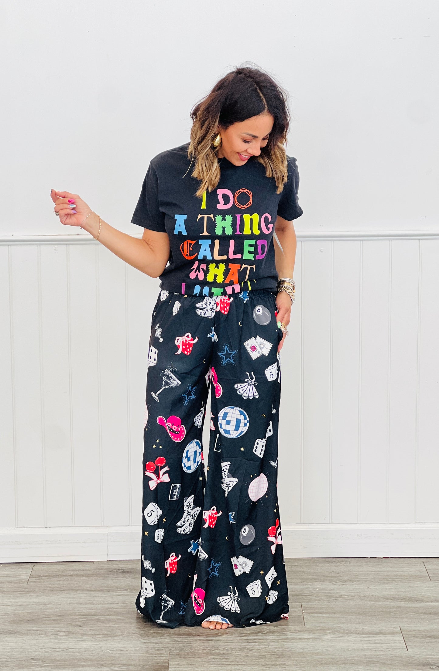 Party Collage Satin Pants (Reg & Plus)-2 Colors