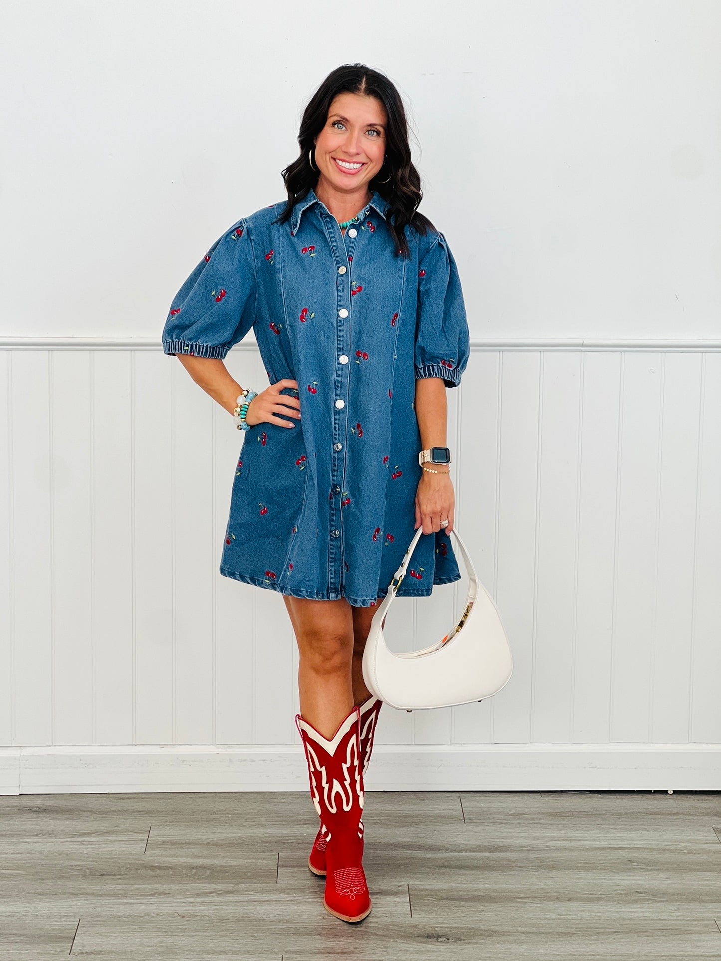Cherry Denim Mini Shirt Dress (Reg. and Plus)