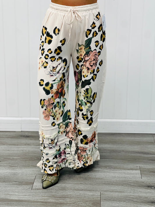 Beige Leopard Floral Ruffle Flowy Pants (Reg. and Plus)