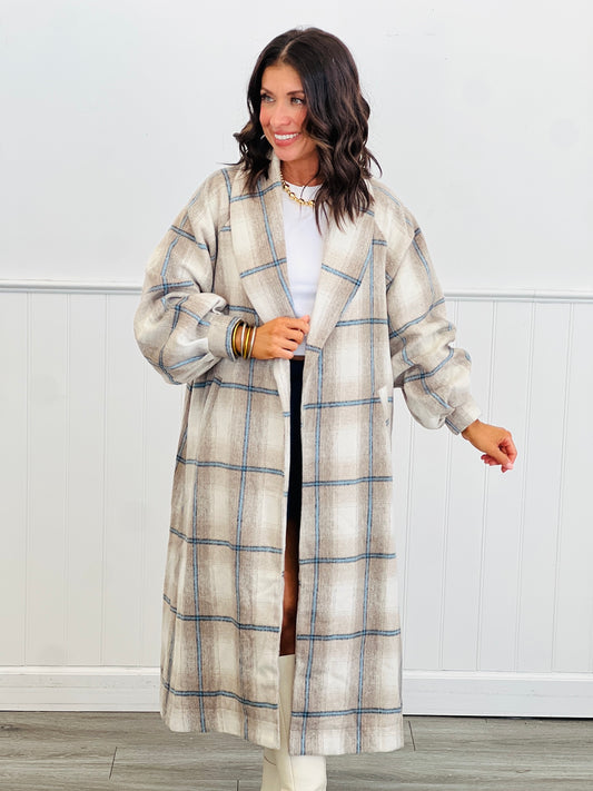 Mocha Plaid Lantern Sleeve Coat (Reg.)