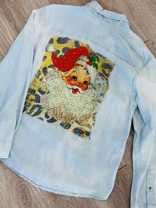 Denim Red Santa Hat Rhinestone Button Up Top (Reg. and Plus)