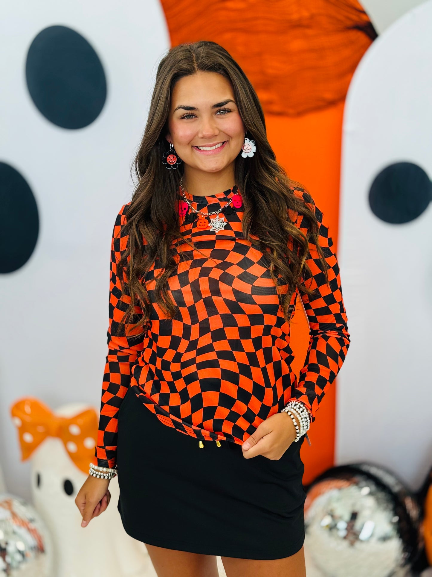 Orange/Black Checkered Mesh Long Sleeve Top (Reg. and Plus)