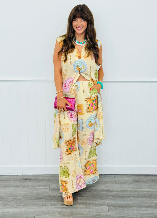 Vanilla Printed V-Neck Duster Top & Pants Set (Reg. and Plus)