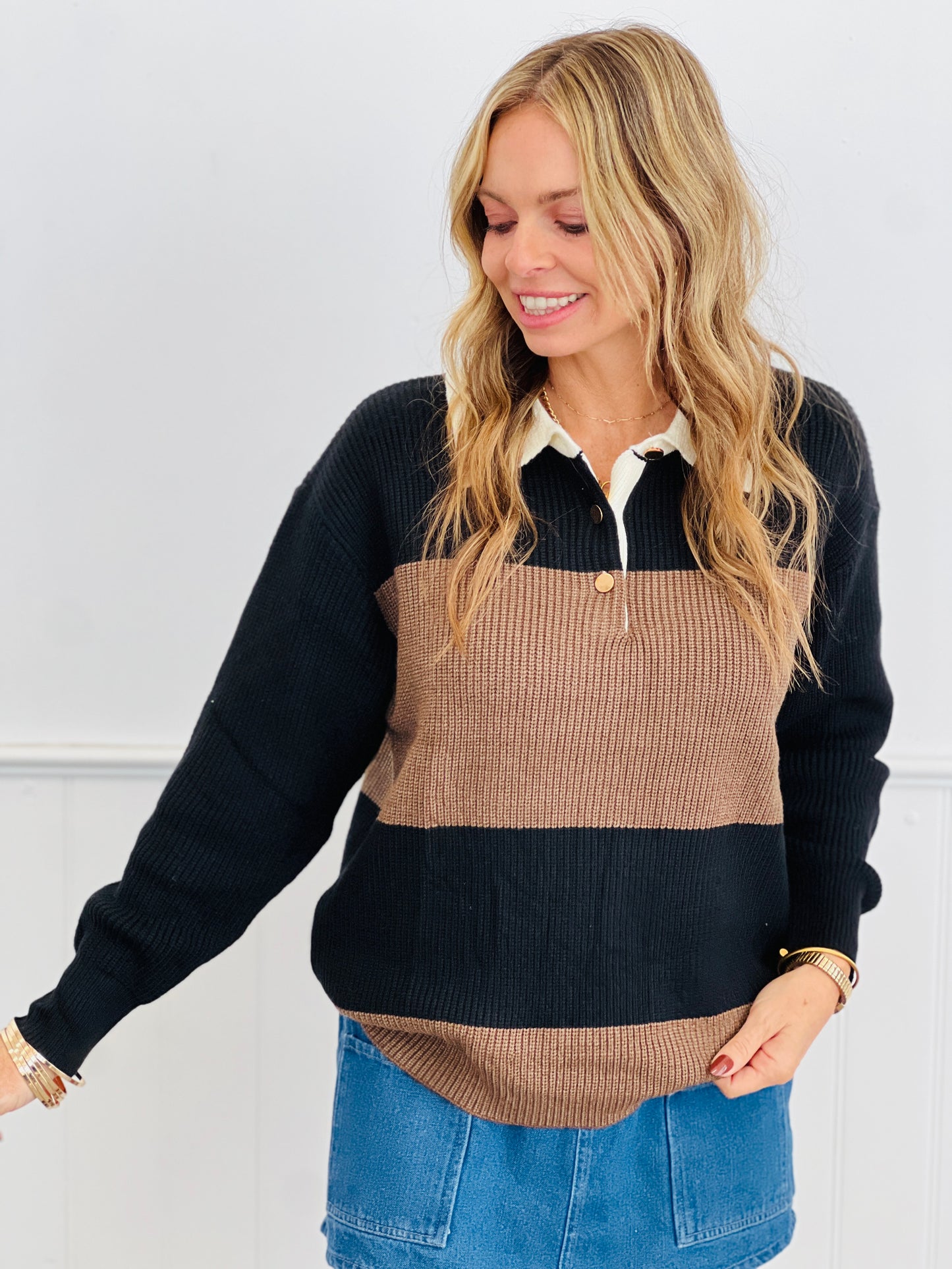 Color Block Ribbed Knit Henley Sweater Top (Reg. and Plus)
