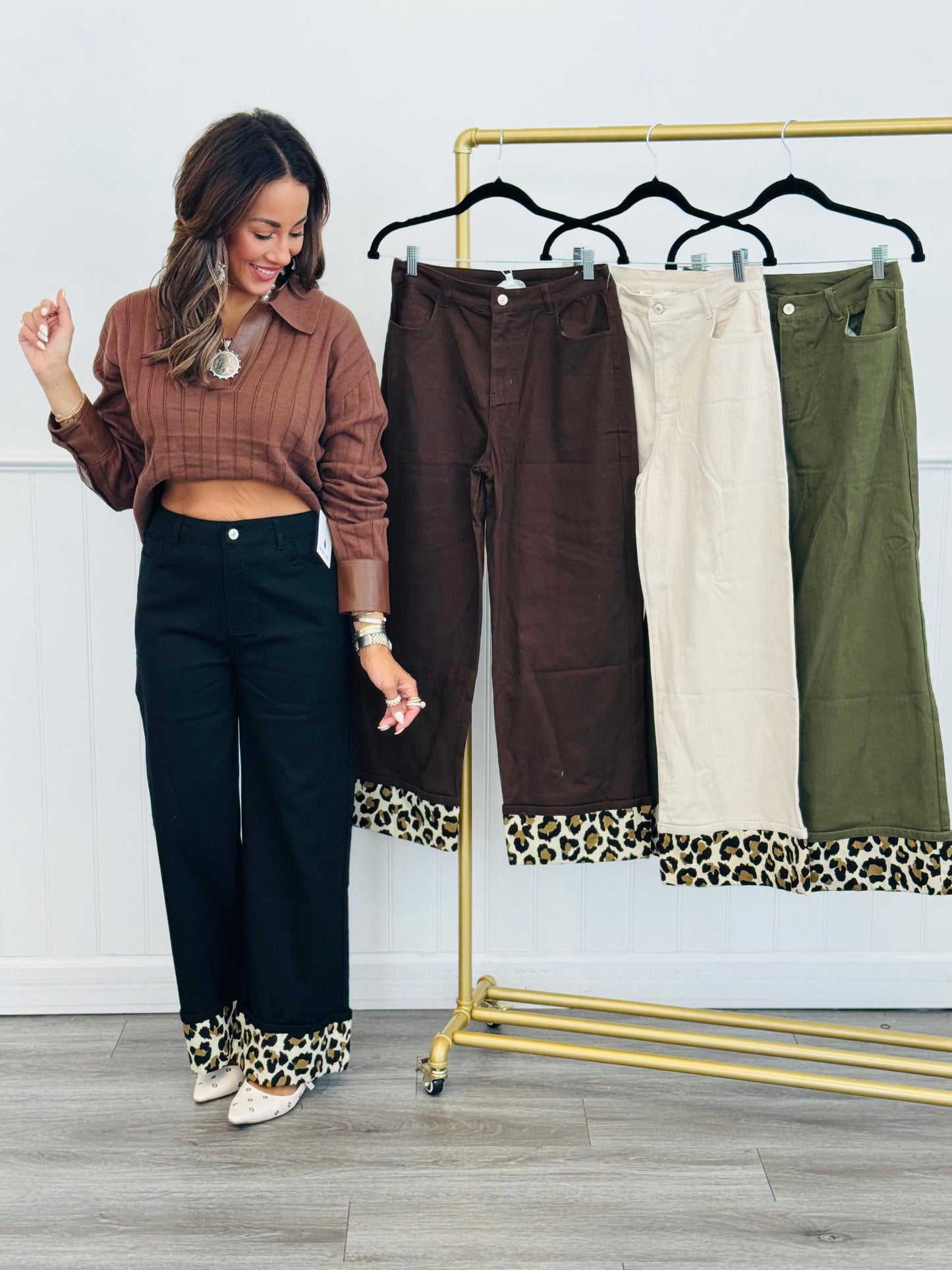 Contrast Leopard Cuffs Pants (Reg.)- 4 Colors