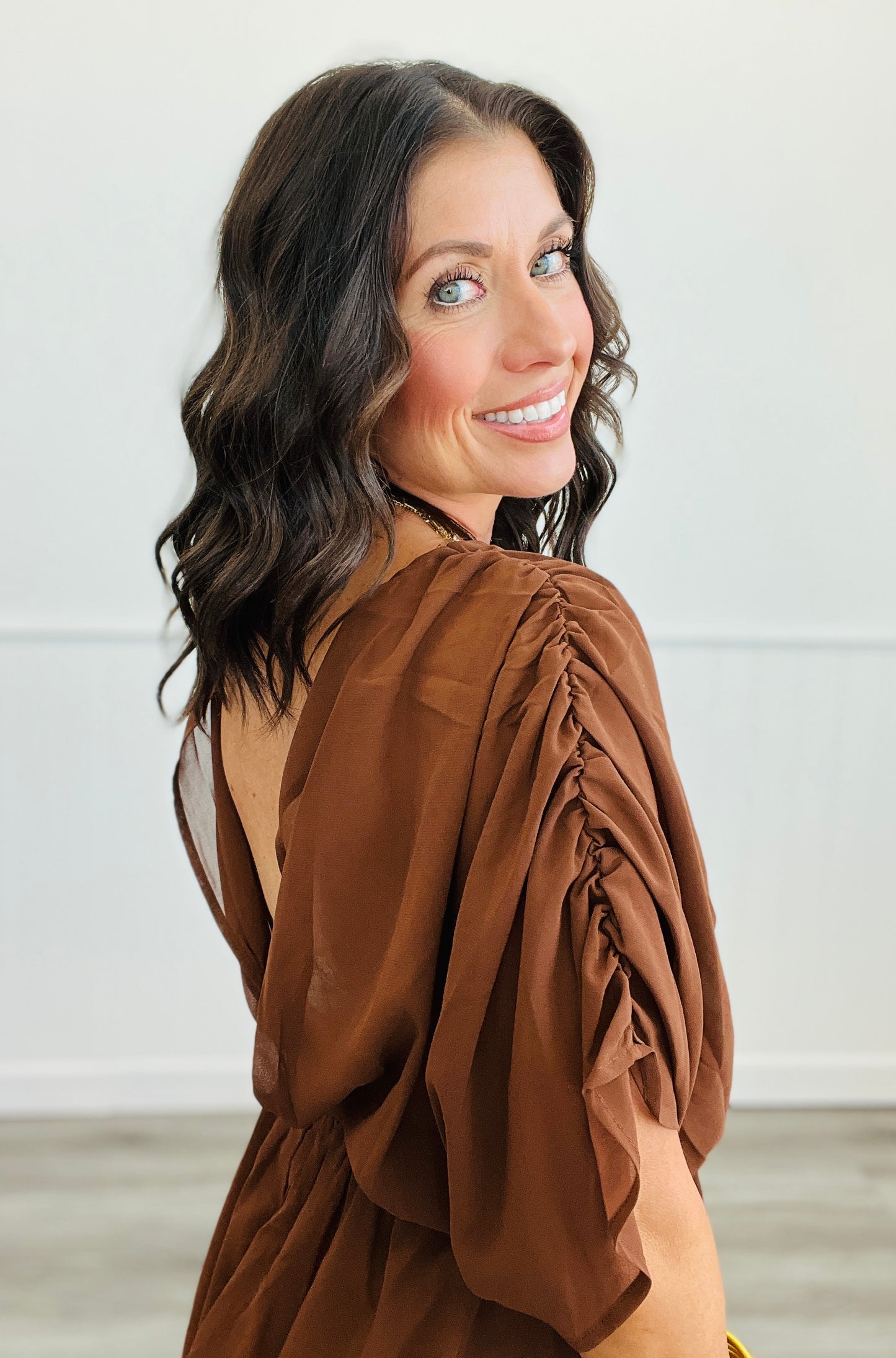 Brown Deep V-Neck Romper (Reg. and Plus)