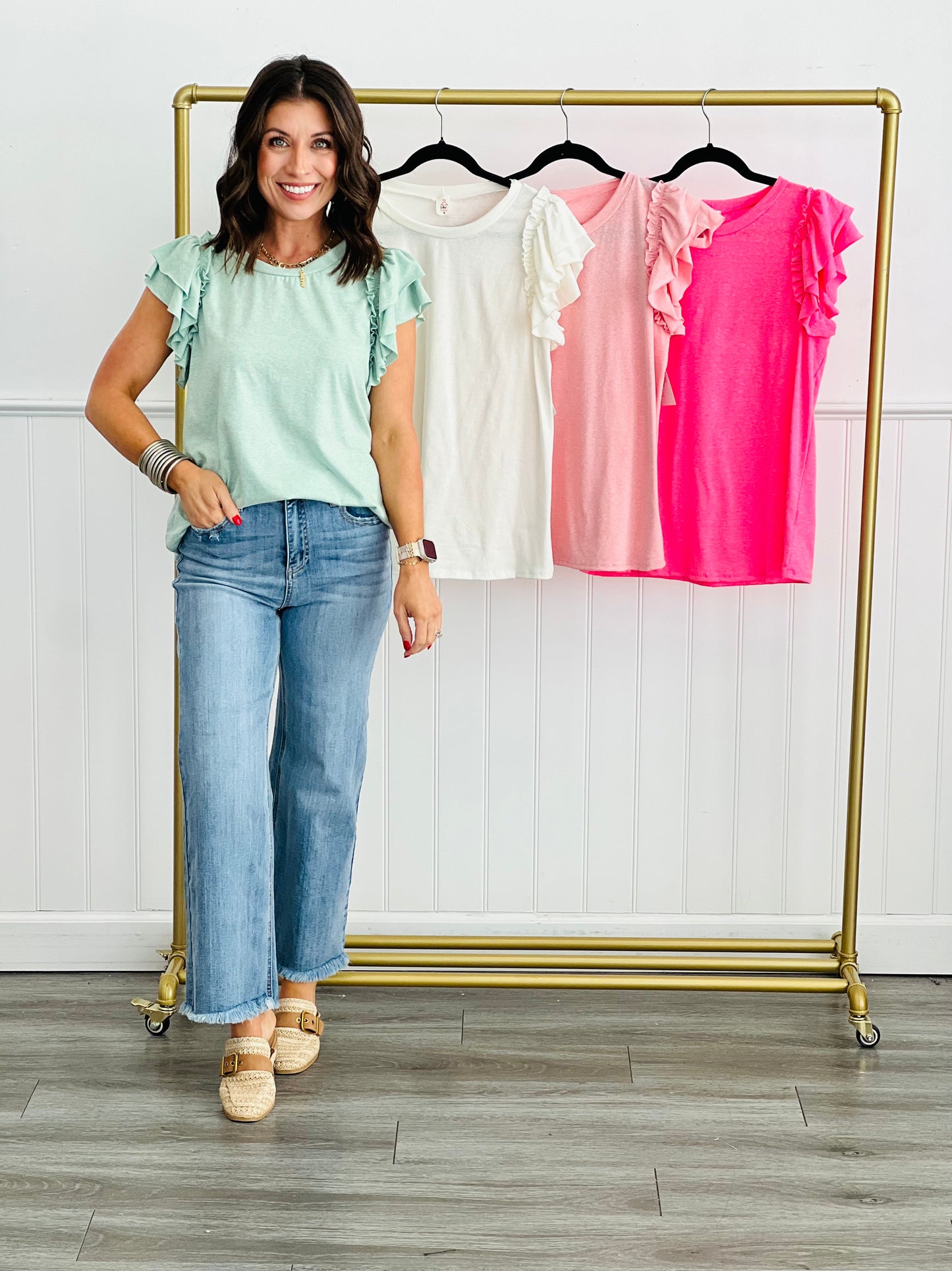 Relaxed Fit Round Neck Ruffle Sleeve Top (Reg. & Plus)- 4 Colors