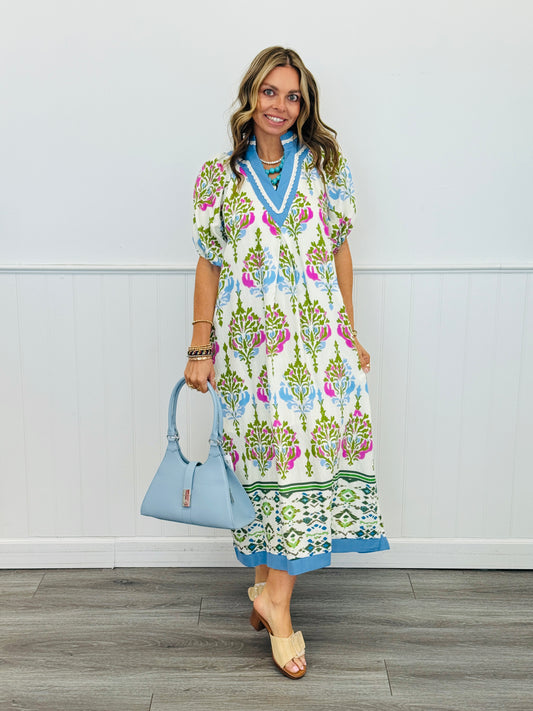 Cream Mix Border Print Midi Dress (Reg.)