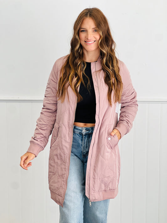 Dusty Rose Quilted Longline Bomber Jacket (Reg.)