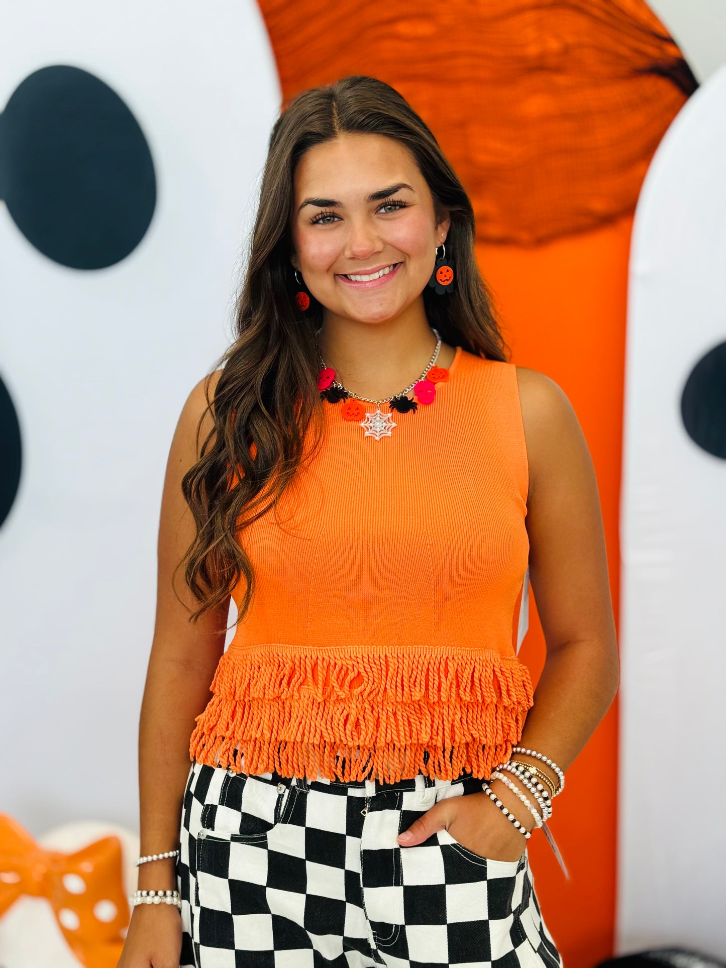 Orange Triple Fringe Sleeveless Sweater Top (Reg.)