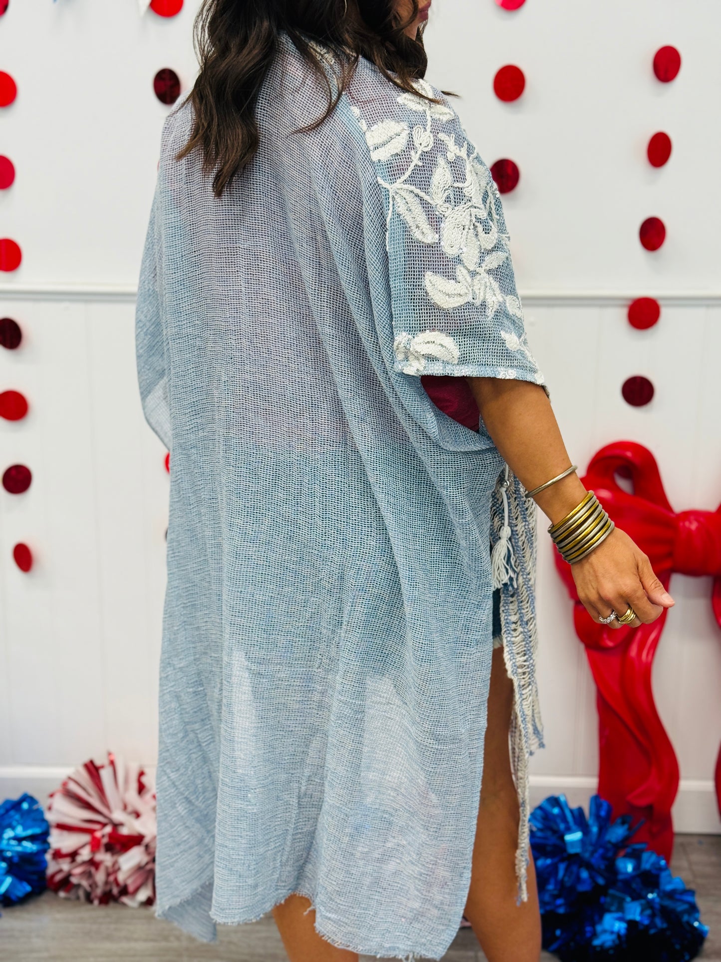 POL Powder Blue Loose Weave Tassel Midi Cardigan (Reg.)