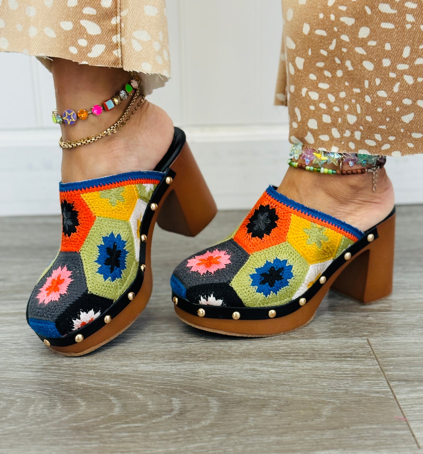 Black Multi Boho Bloom Clogs
