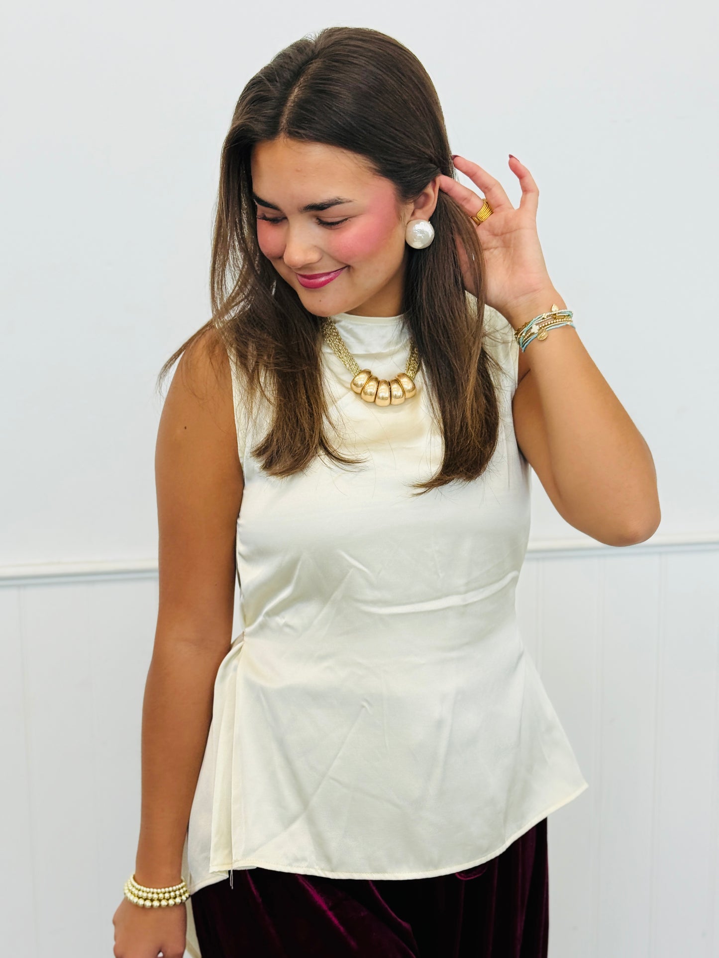 Cream Satin Draped Open Back Blouse (Reg.)