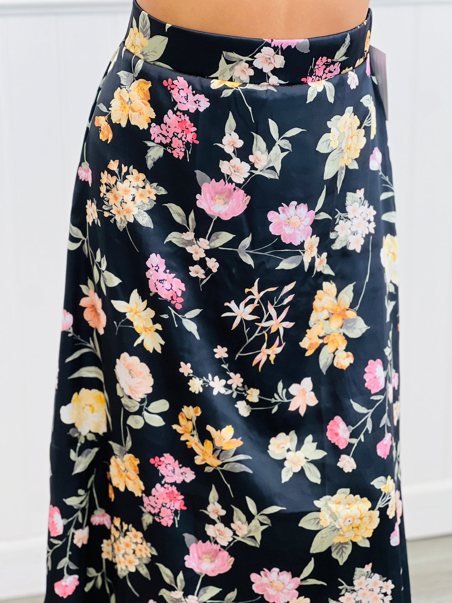 Black/Yellow Floral Satin Midi Skirt (Reg. and Plus)