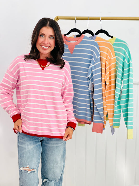 Contrast Trim Striped Sweater Top (Reg.)-4 Colors