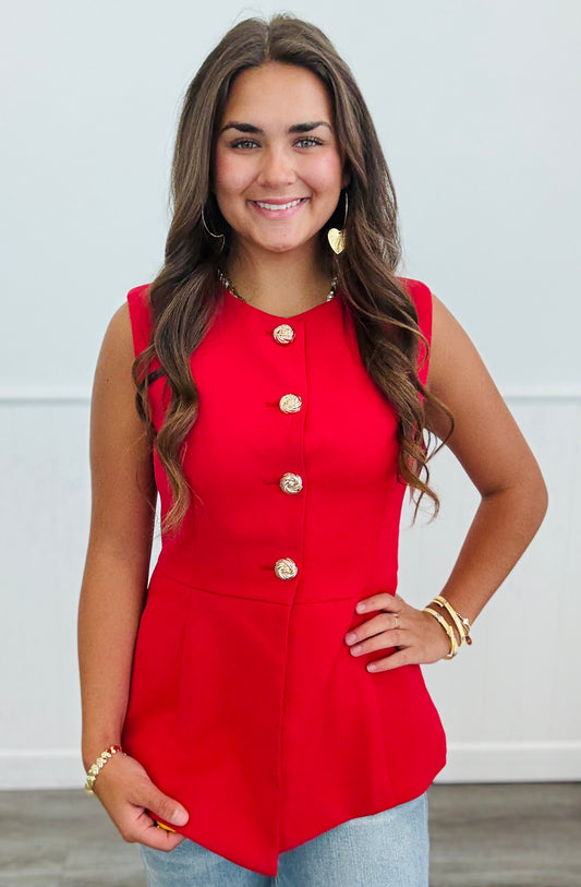 Red Structured Gold Buttons Vest Top (Reg.)