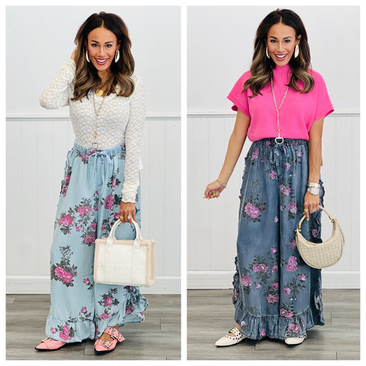 Chambray Flower Child Ruffled Pants (Reg & Plus)-2 Colors