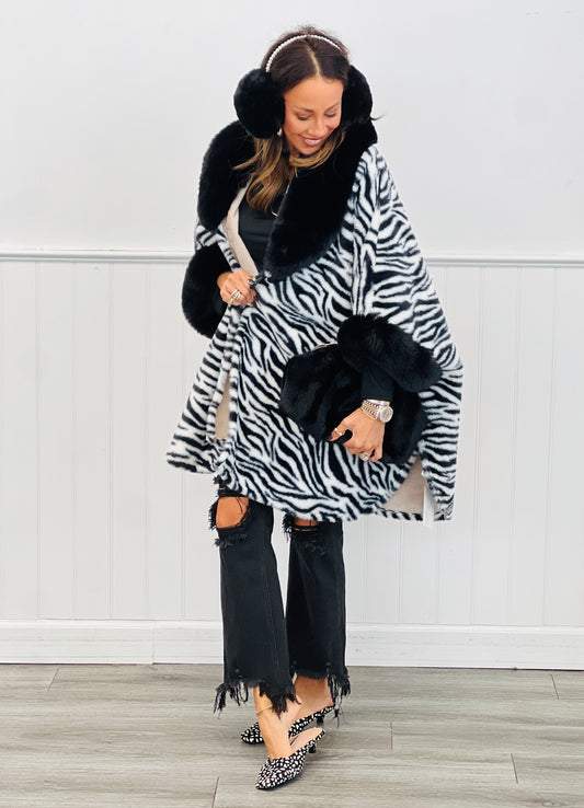 Zebra Print Faux Fur Cardigan (One Size)