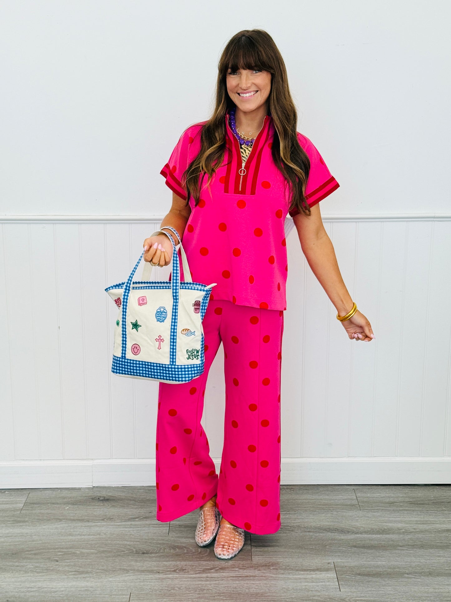 Hot Pink Polka Dot Half Zip Short Sleeve Top (Reg.)