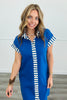 Royal Blue Stripe Trim Button Down Mini Dress (Reg. and Plus)