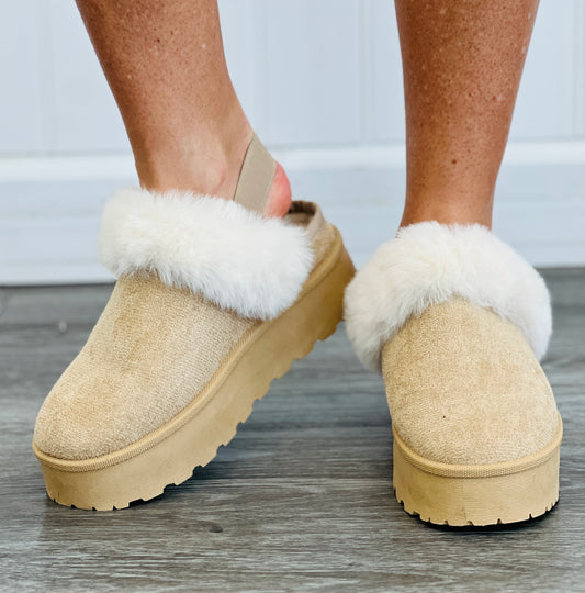 Beige Slingback Faux Fur Platform Booties